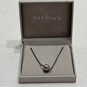Talbots Grey Faux Pearl Necklace, GunMetal Chain 18 Inch Vintage Gift Box